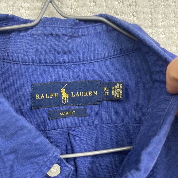 Vintage Ralph Lauren *Blue* w/ Logo Yellow Shirt Slim Fit Mens XL Button Down - Picture 6 of 16